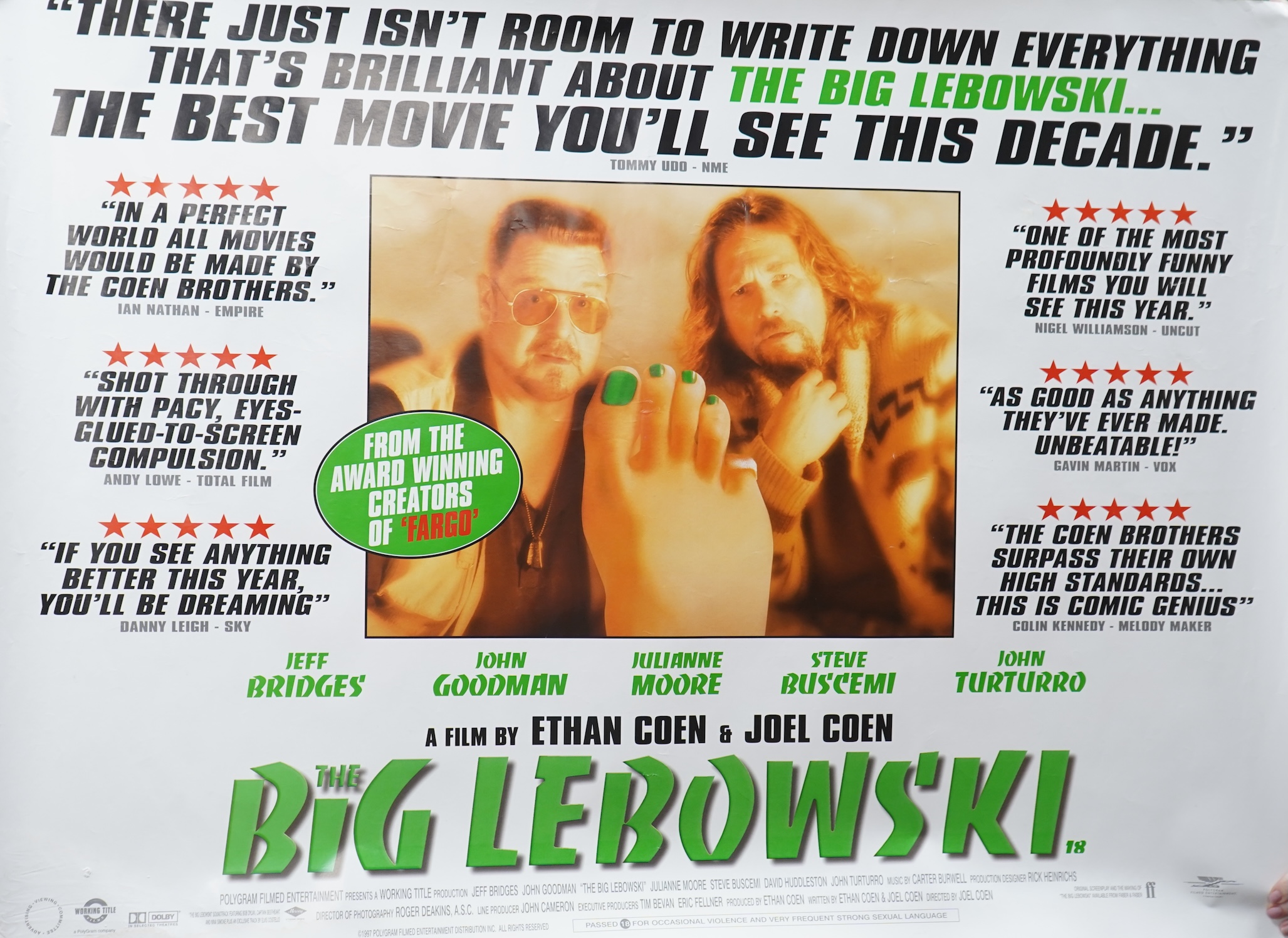 The Big Lebowski quad movie poster 1998, printed for Polygram filmed entertainment 1997